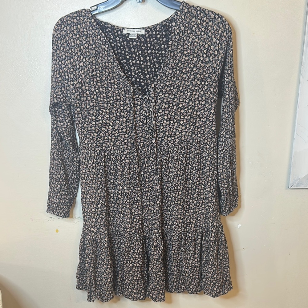 American Eagle Outfitters Black and White Ruffled Long Sleeve Sundress